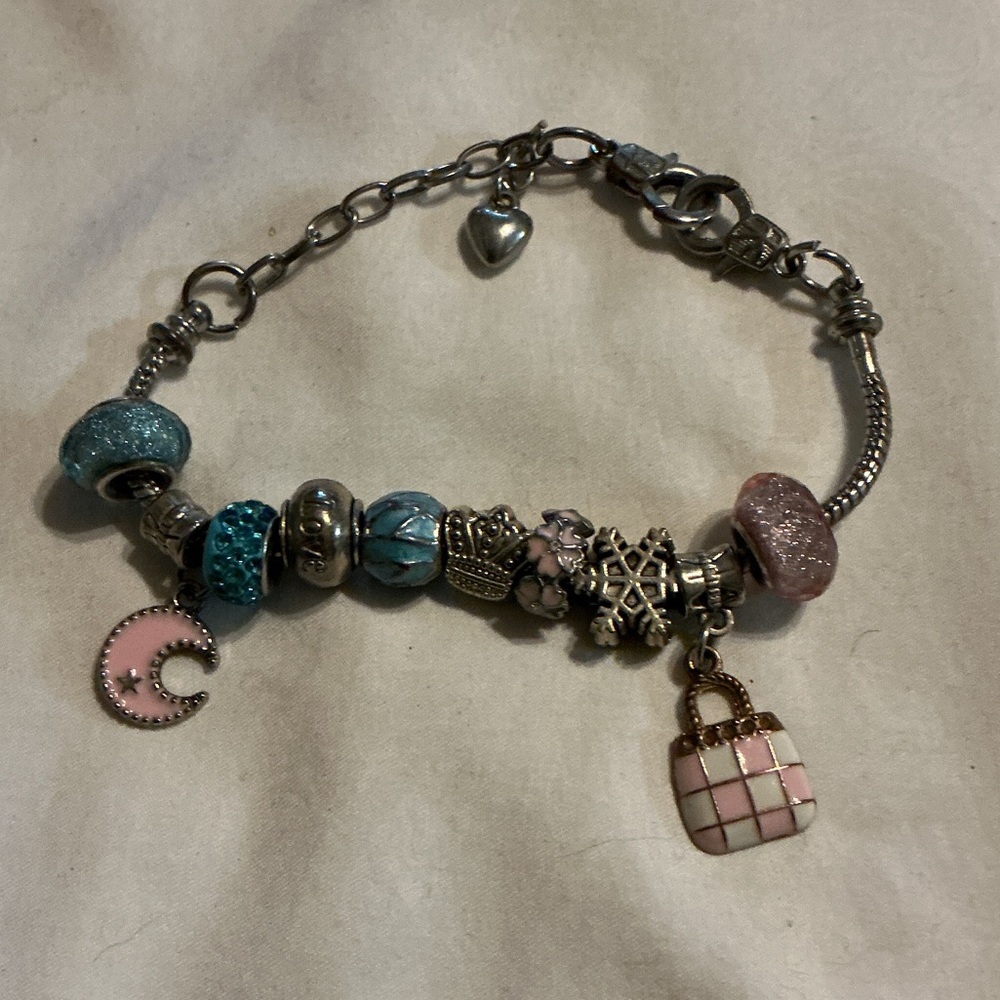 Silver Charm Bracelet with Pink and Teal Beads